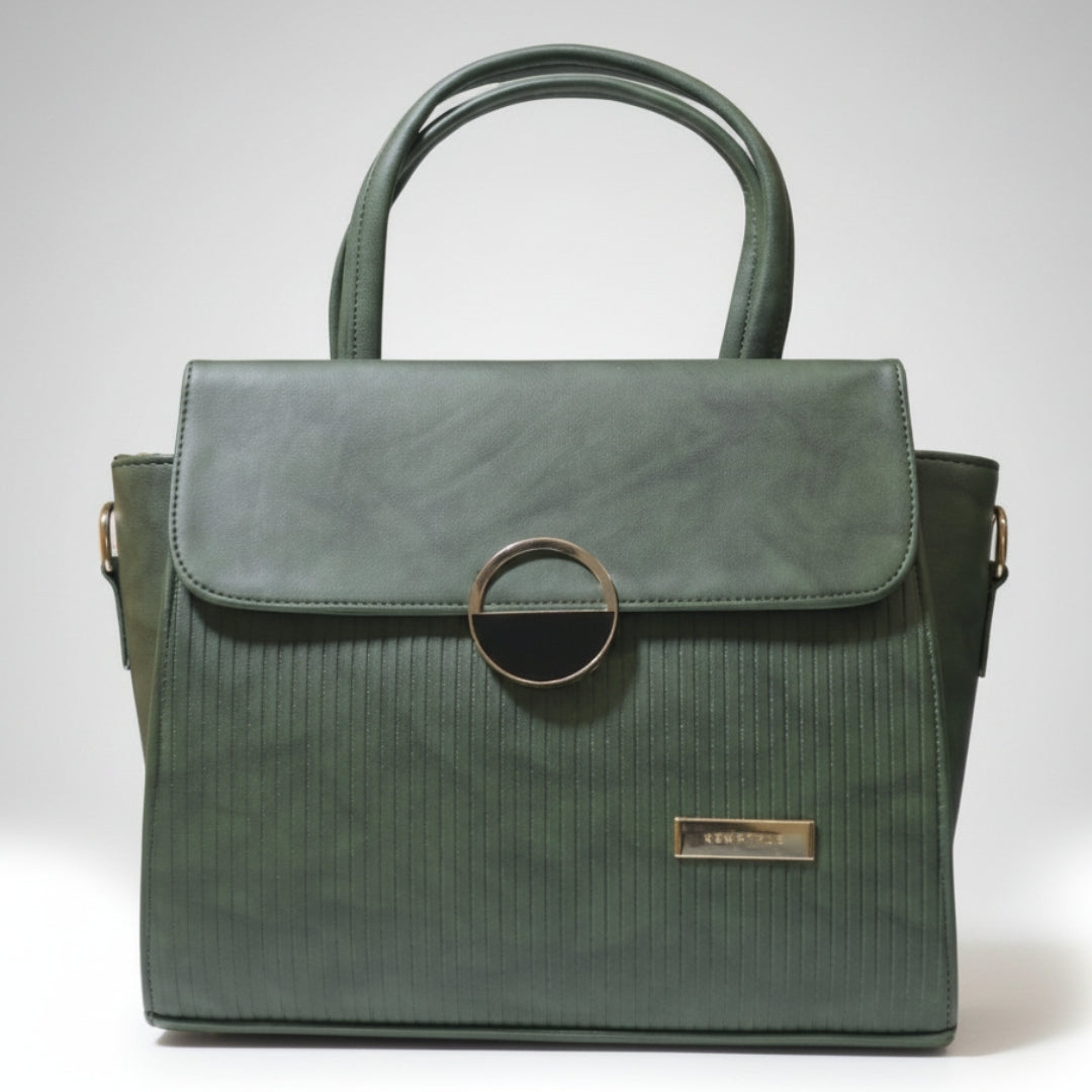 Green handbag with a circular handle on a white background