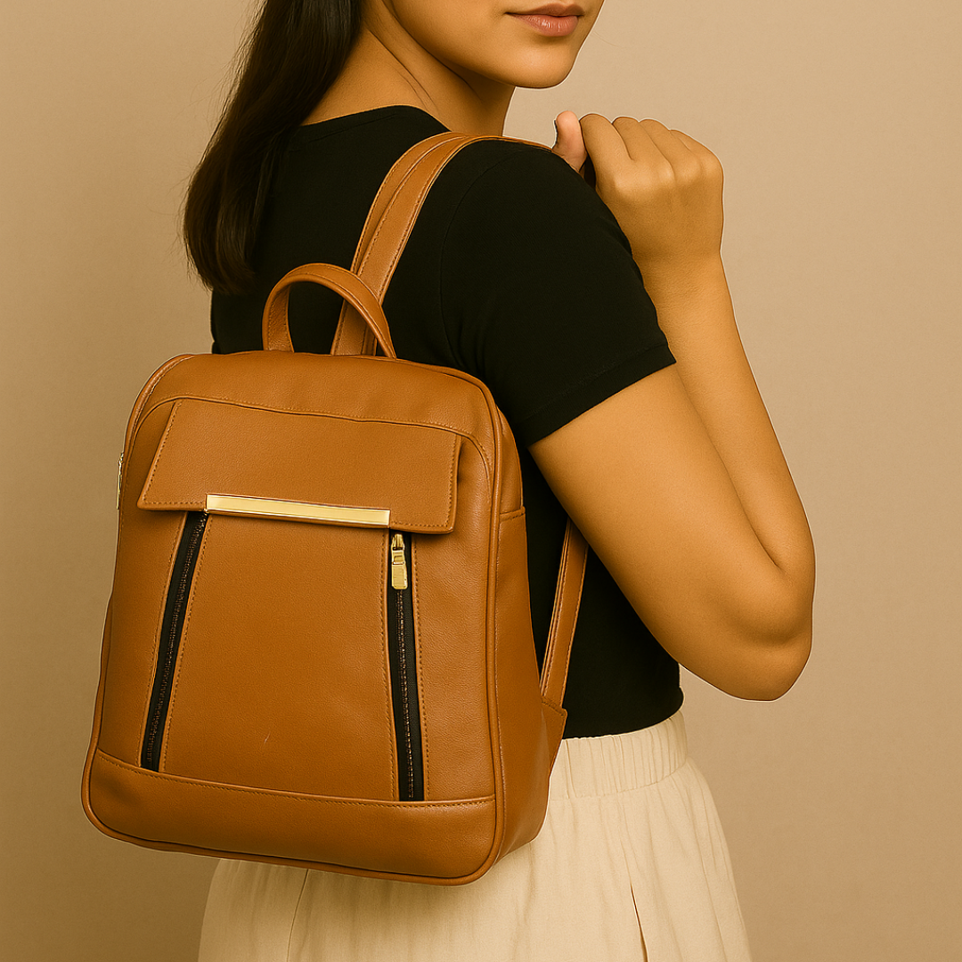 Caramel Finishing Veagn Leather Backpack For Women– Stylish & Functional Everyday Bagc