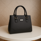 Elegant Structured Black Leather Handbag with Golden Accents | Luxury Women's Tote