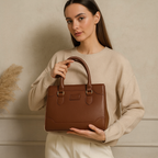 Elegant Structured Black Leather Handbag with Golden Accents | Luxury Women's Tote