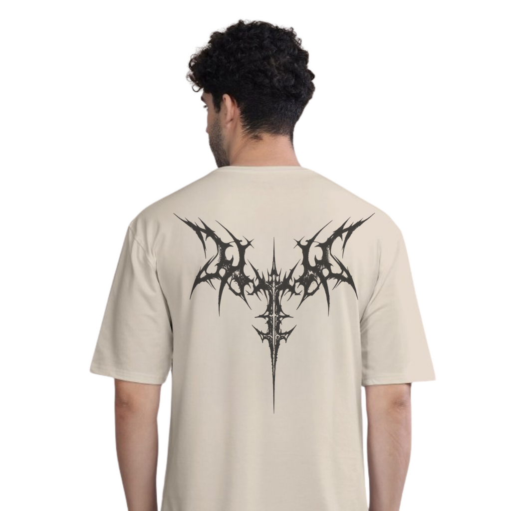 Men’s White Oversized T-Shirt – Minimal Gothic Chest Log