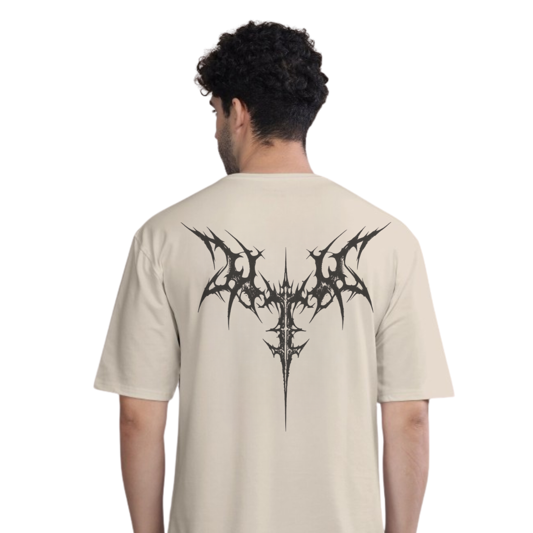 Men’s White Oversized T-Shirt – Minimal Gothic Chest Log