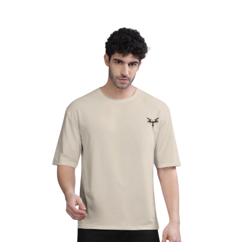 Men’s White Oversized T-Shirt – Minimal Gothic Chest Log
