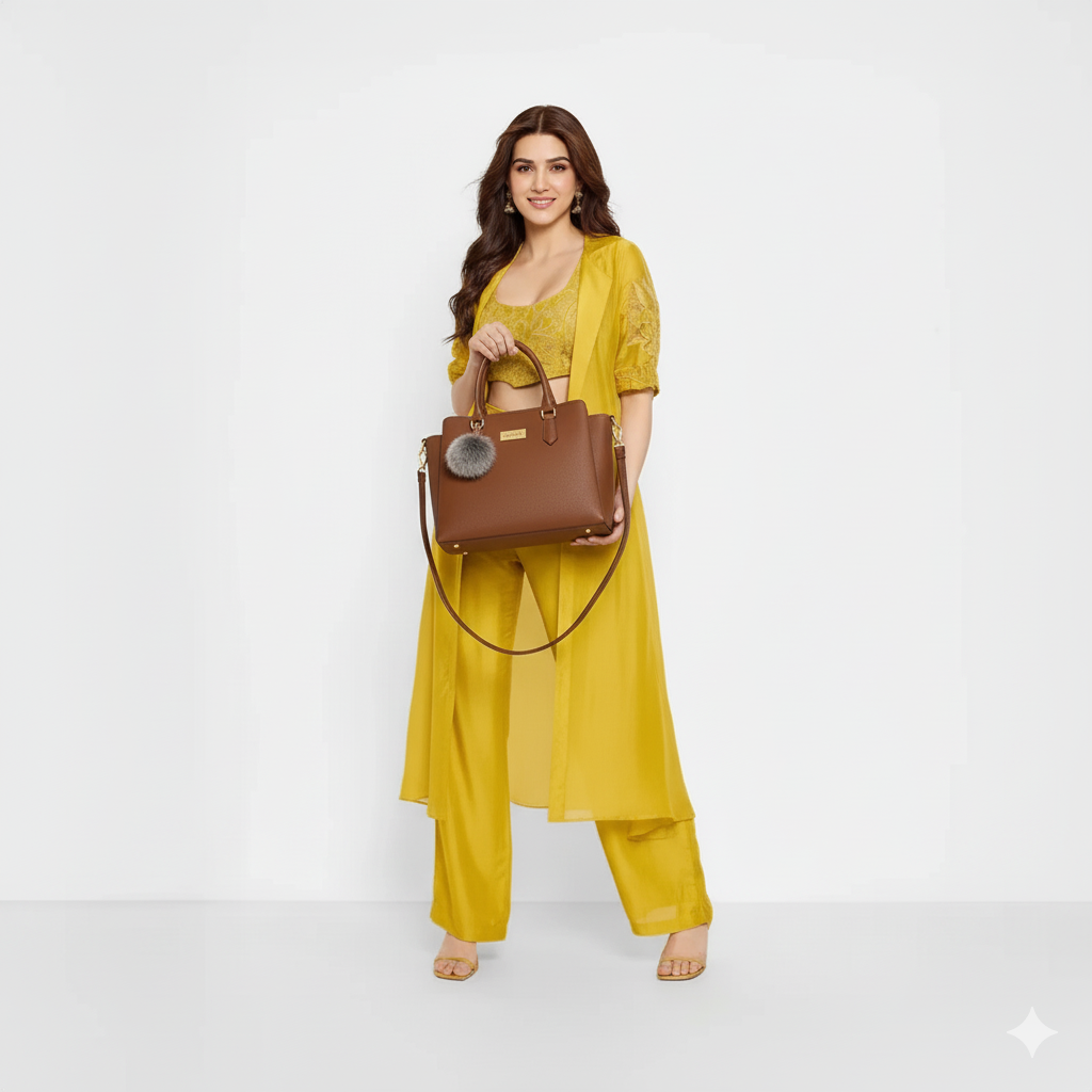 Rivaara Luxe Mocha Charm Tan Color Structured Tote Handbag For Women