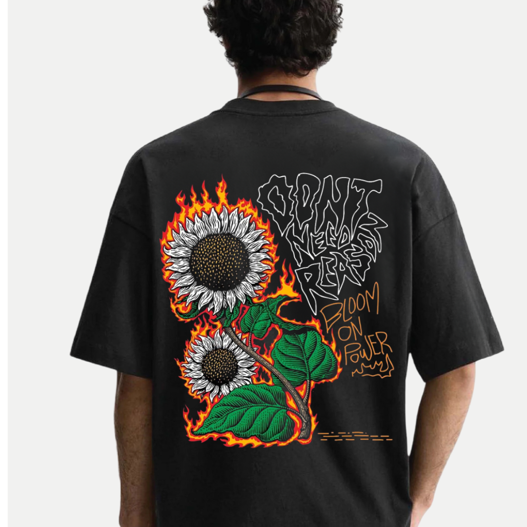 Mens-oversized-sunflower-flame-back-print-tee-black