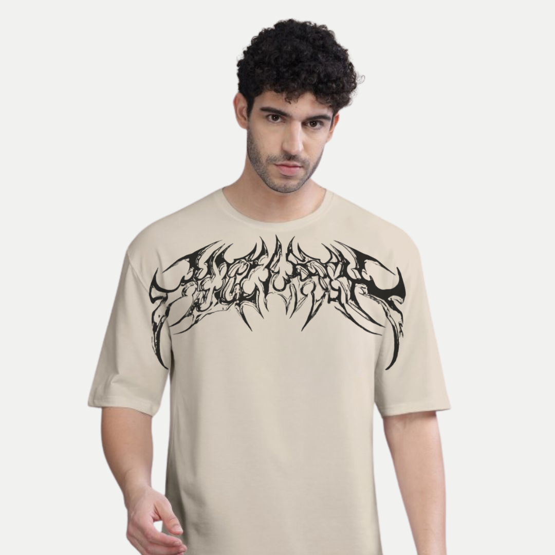 For Men’s Chrome Thorn Crest Oversized Tee – Metallic Front Graphic