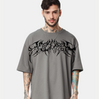 For Men’s Chrome Thorn Crest Oversized Tee – Metallic Front Graphic