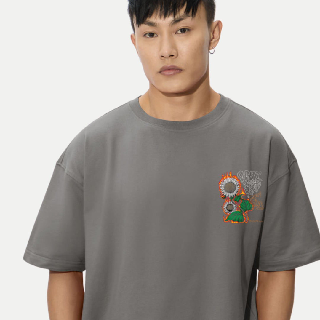 Mens-oversized-sunflower-flame-back-print-tee-black