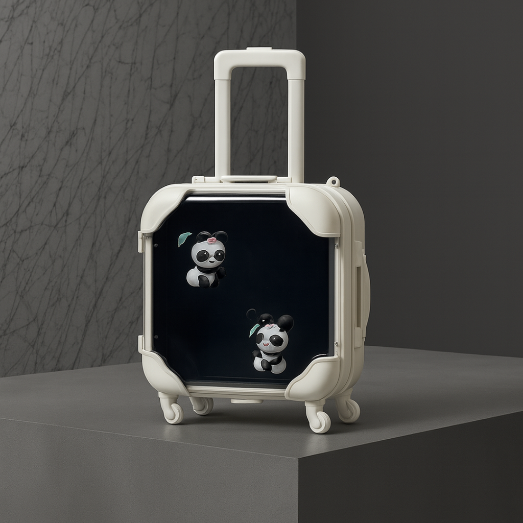 White suitcase with panda design on a dark background